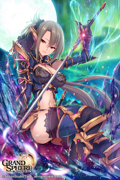 Anime picture 610x915 with grand sphere fukai ryosuke single long hair tall image fringe breasts light erotic hair between eyes red eyes brown hair large breasts payot looking away cleavage bent knee (knees) ponytail parted lips official art zettai ryouiki