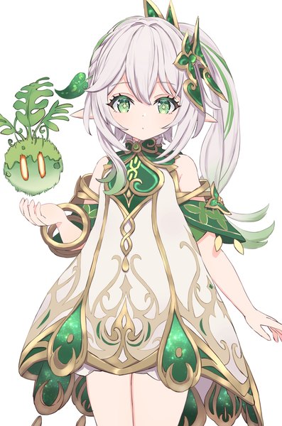 Anime picture 993x1500 with genshin impact nahida (genshin impact) slime (genshin impact) sateto (user knrf2332) single long hair tall image looking at viewer blush fringe simple background standing white background bare shoulders green eyes white hair multicolored hair arm up pointy ears streaked hair
