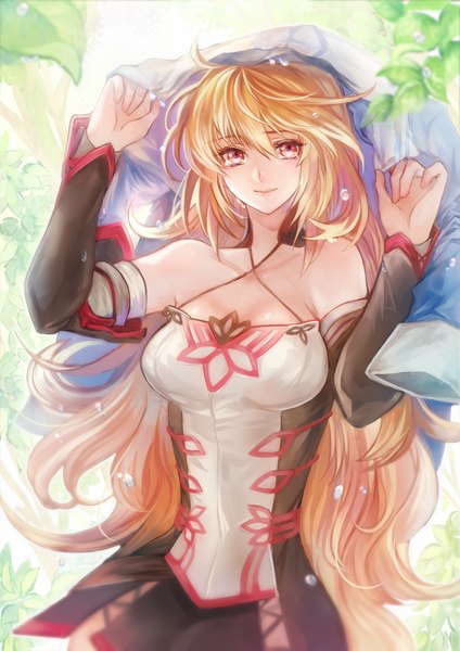 Anime picture 800x1131 with tales of (series) tales of xillia milla maxwell nadir single long hair tall image looking at viewer blonde hair pink eyes girl dress detached sleeves leaf (leaves)