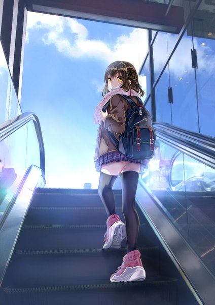 Anime picture 1000x1414 with original pisuke single tall image looking at viewer blush short hair brown hair brown eyes sky cloud (clouds) full body bent knee (knees) braid (braids) pleated skirt looking back from behind zettai ryouiki plaid skirt reflection