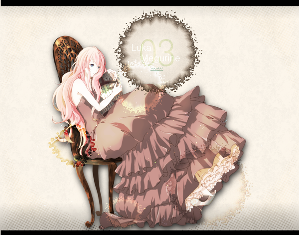 イラスト 1400x1100 と ボーカロイド 巡音ルカ tamura (sntmr) ソロ 長髪 青い目 座る ピンク髪 女の子 ドレス 椅子 cage