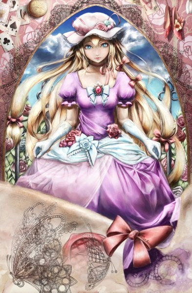 Anime picture 4000x6100 with touhou yakumo yukari hogecomhoge single long hair tall image highres blue eyes blonde hair absurdres girl dress gloves flower (flowers) bow hair bow hat card (cards)