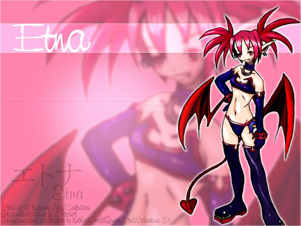 Anime picture 1024x768 with disgaea etna (disgaea) twintails demon girl demon tail bat wings girl gloves navel earrings choker elbow gloves thigh boots penguin