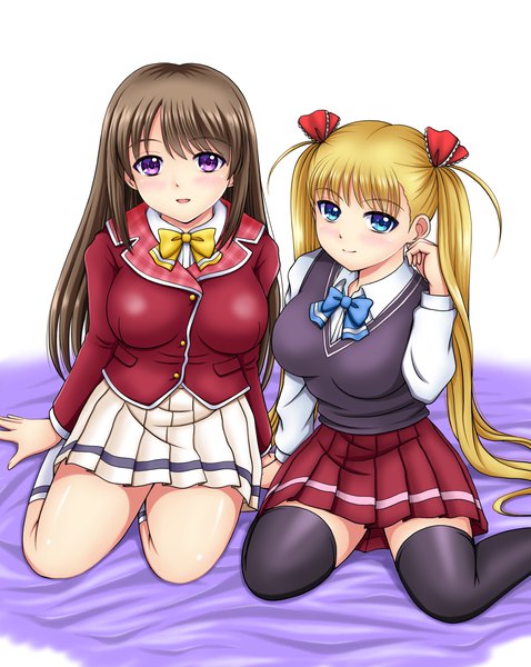 Anime picture 1435x1800 with oni chichi akizuki airi akizuki marina t taranbo long hair tall image looking at viewer blush fringe breasts open mouth blue eyes simple background blonde hair smile brown hair large breasts white background sitting purple eyes