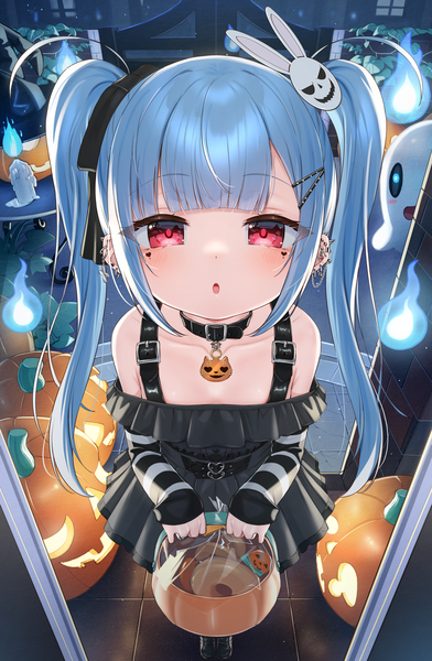 Anime picture 1819x2786 with original tsukiman single long hair tall image looking at viewer fringe highres red eyes twintails payot blue hair blunt bangs from above :o loli piercing ear piercing halloween trick or treat