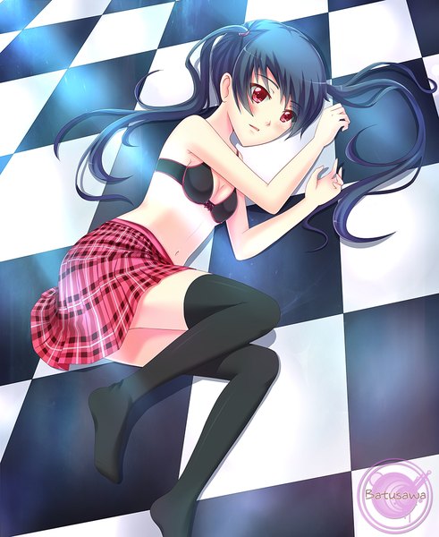 Anime picture 900x1100 with original batusawa (artist) single long hair tall image blush fringe breasts light erotic black hair red eyes twintails bare shoulders signed looking away lying sunlight midriff plaid skirt checkered floor