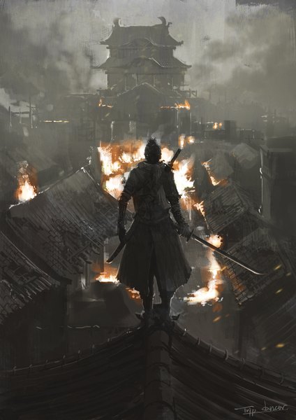 Anime-Bild 1240x1754 mit sekiro: shadows die twice from software sekiro tripdancer single tall image short hair black hair standing holding signed full body outdoors from behind city smoke cityscape architecture east asian architecture burning
