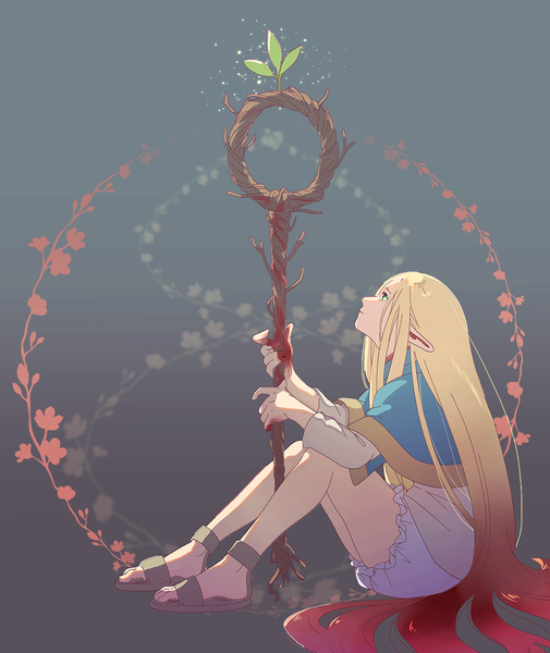 Anime-Bild 1011x1200 mit dungeon meshi studio trigger marcille donato b-saku single tall image blonde hair sitting green eyes full body very long hair profile pointy ears bare legs looking up girl blood staff sandals knickers
