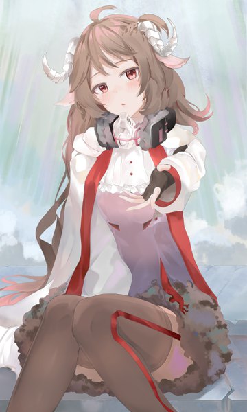 Anime picture 1500x2500 with arknights eyjafjalla (arknights) ru zhai single long hair tall image looking at viewer blush fringe open mouth brown hair sitting brown eyes animal ears payot ahoge bent knee (knees) long sleeves head tilt horn (horns)