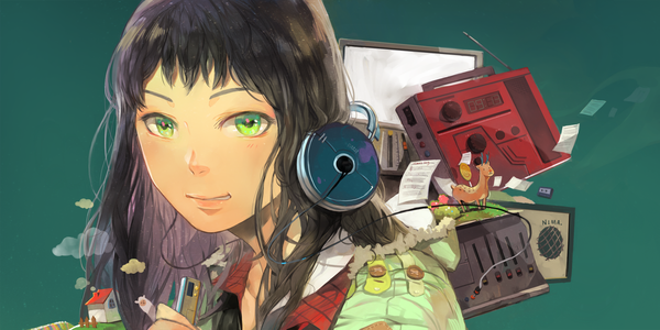 Anime picture 2000x1000 with original nima (pixiv) single long hair looking at viewer fringe highres black hair smile wide image green eyes signed smoke girl animal headphones building (buildings) wire (wires) paper house