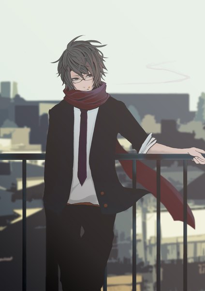 Anime picture 1653x2339 with original megurin single tall image short hair black hair hair between eyes standing looking away black eyes blurry city smoke cityscape hand in pocket smoking twisty sleeves boy glasses necktie