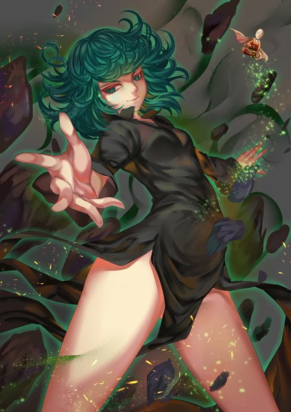 Anime picture 848x1200 with one-punch man madhouse tatsumaki saitama (one-punch man) aurora rokudo tall image looking at viewer short hair light erotic smile green eyes green hair bald girl dress boy