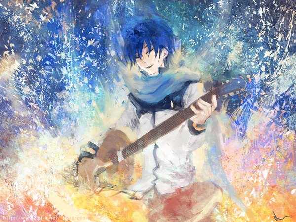Anime picture 800x600 with vocaloid kaito (vocaloid) yamakawa umi single short hair sitting signed blue hair eyes closed parted lips playing instrument boy scarf guitar