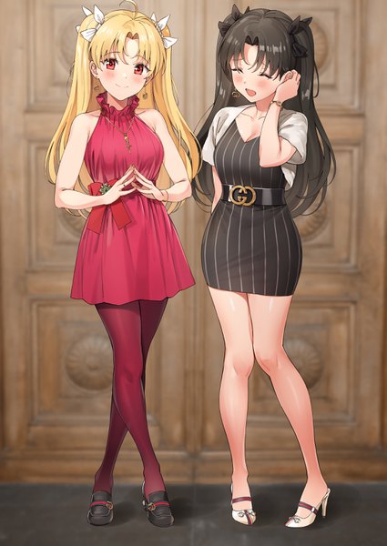 Anime picture 2150x3035 with fate (series) fate/grand order ishtar (fate) ereshkigal (fate) ame (uten cancel) long hair tall image looking at viewer blush fringe highres breasts black hair blonde hair smile hair between eyes red eyes standing bare shoulders multiple girls