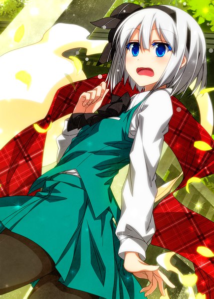 Anime picture 1200x1679 with touhou konpaku youmu myon sazanami mio single tall image blush short hair open mouth blue eyes looking away silver hair looking back girl dress skirt miniskirt petals pantyhose hairband