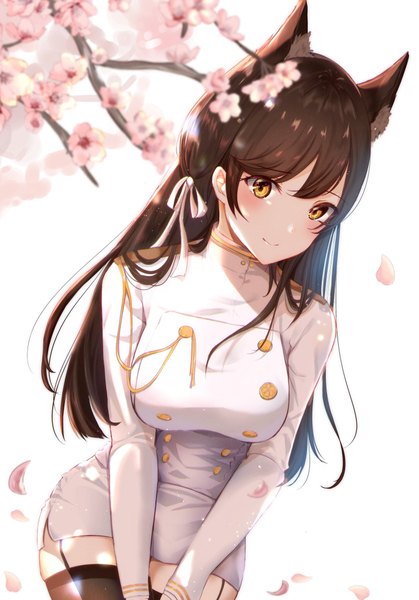 Anime picture 1429x2048 with azur lane atago (azur lane) uiri-na single long hair tall image looking at viewer blush fringe breasts simple background smile hair between eyes brown hair large breasts standing white background animal ears yellow eyes long sleeves