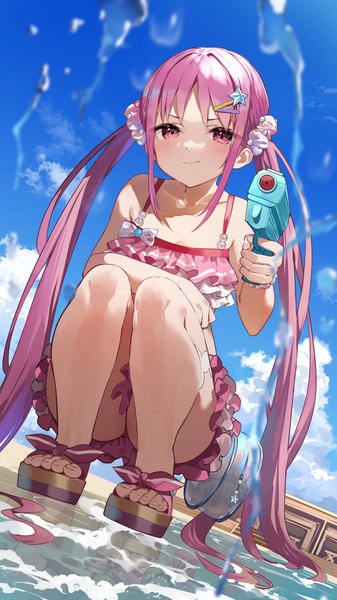 Anime picture 1350x2400 with heaven burns red kunimi tama yuuuuu single tall image looking at viewer blush light erotic twintails payot pink hair sky cloud (clouds) full body outdoors very long hair pink eyes dutch angle squat girl