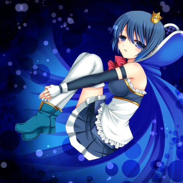 Anime picture 1200x1200 with mahou shoujo madoka magica shaft (studio) miki sayaka asazuki kanai short hair blue hair tears leg hug embryo's pose girl thighhighs dress gloves detached sleeves white thighhighs choker fingerless gloves cloak crown