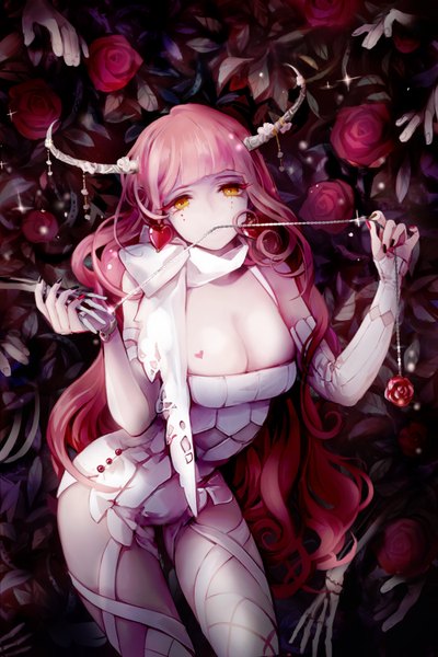 Anime picture 1000x1500 with devil maker ggoorri single long hair tall image looking at viewer fringe breasts light erotic large breasts yellow eyes pink hair nail polish horn (horns) tattoo leaning leaning forward wavy hair skeleton flower (flowers)