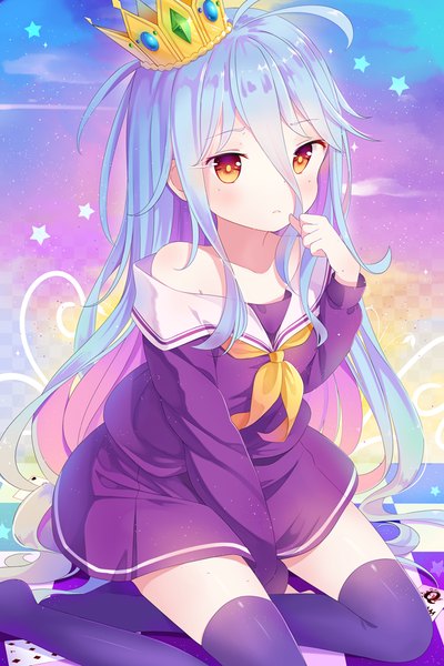 Anime picture 675x1013 with no game no life madhouse shiro (no game no life) hitsukuya single long hair tall image hair between eyes red eyes bare shoulders blue hair loli checkered floor girl thighhighs skirt uniform black thighhighs school uniform star (symbol)
