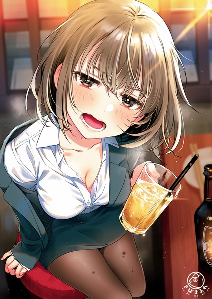 Anime picture 800x1130 with original tsukana (saba mizore) single tall image looking at viewer blush fringe short hair breasts open mouth light erotic hair between eyes brown hair large breasts sitting holding brown eyes signed cleavage indoors