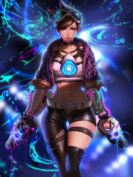 Anime picture 3000x4000 with league of legends overwatch blizzard entertainment k/da (league of legends) akali (league of legends) tracer (overwatch) k/da akali liang xing single tall image looking at viewer fringe highres short hair light erotic brown hair standing holding brown eyes realistic