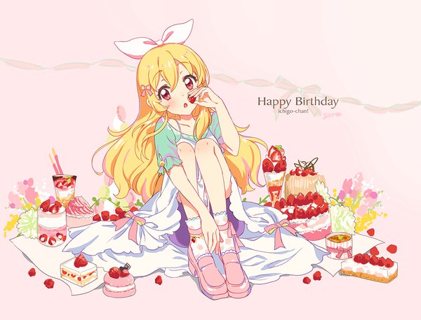 Anime picture 1000x762 with aikatsu! hoshimiya ichigo ume (plumblossom) single long hair looking at viewer blush open mouth blonde hair red eyes sitting full body head tilt character names pink background happy birthday girl bow hair bow socks