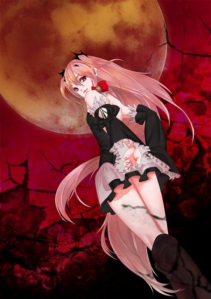 Anime picture 723x1023 with original puny single tall image looking at viewer fringe red eyes standing twintails pink hair sky outdoors very long hair nail polish looking back from behind night shadow night sky looking down