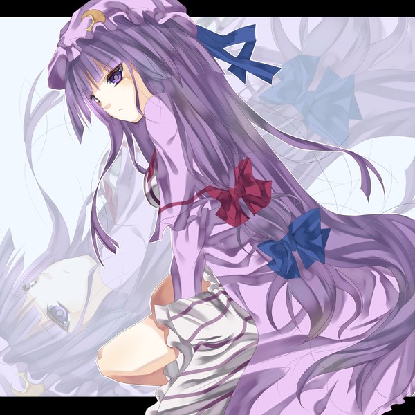 Anime picture 1600x1600 with touhou patchouli knowledge heath41 single long hair sitting purple eyes purple hair girl ribbon (ribbons) bow hat