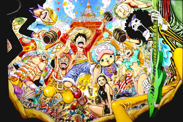 Anime picture 5686x3790 with one piece toei animation nami (one piece) monkey d. luffy nico robin roronoa zoro sanji tony tony chopper usopp franky brook (one piece) oda eiichirou long hair looking at viewer fringe highres short hair breasts open mouth light erotic