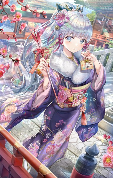 Anime picture 1200x1892 with genshin impact kamisato ayaka paimon (genshin impact) torino aqua single long hair tall image looking at viewer blush fringe blue eyes standing holding silver hair full body outdoors ponytail blunt bangs traditional clothes japanese clothes