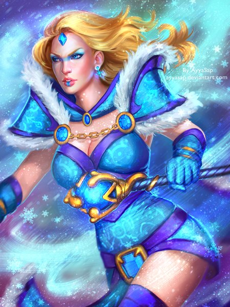 Anime picture 1536x2048 with dota 2 (game) rylai crestfall (dota 2) ayyasap single long hair tall image blue eyes blonde hair looking away lips realistic girl dress gloves earrings staff