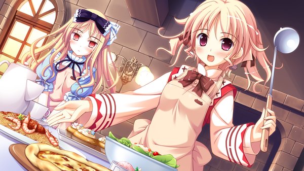 Anime picture 1920x1080 with shukufuku no campanella agnes boulange avril long hair highres short hair open mouth blonde hair red eyes wide image multiple girls game cg pink eyes loli girl 2 girls food apron