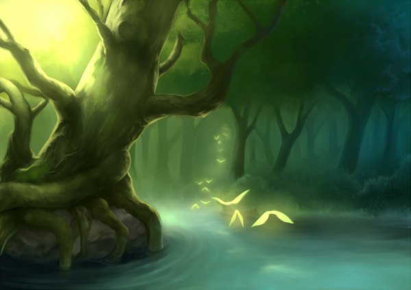 Anime picture 1753x1240 with original otosama highres flying landscape nature plant (plants) tree (trees) water forest