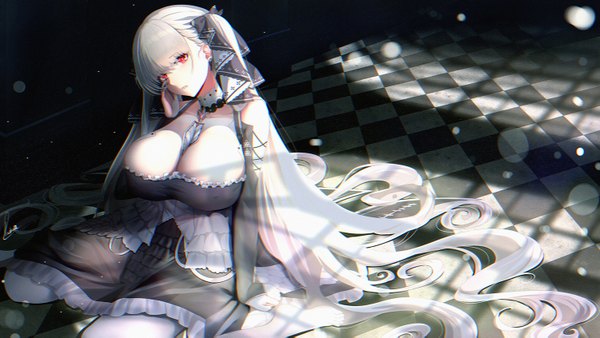 Anime picture 1500x845 with azur lane formidable (azur lane) piukute062 single looking at viewer fringe breasts light erotic hair between eyes red eyes wide image sitting cleavage indoors very long hair nail polish head tilt fingernails grey hair arm support