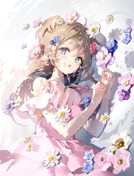 Anime picture 1500x1965 with original anmi single long hair tall image looking at viewer blush fringe open mouth blue eyes hair between eyes brown hair ahoge from above :o underwater revision girl dress flower (flowers)