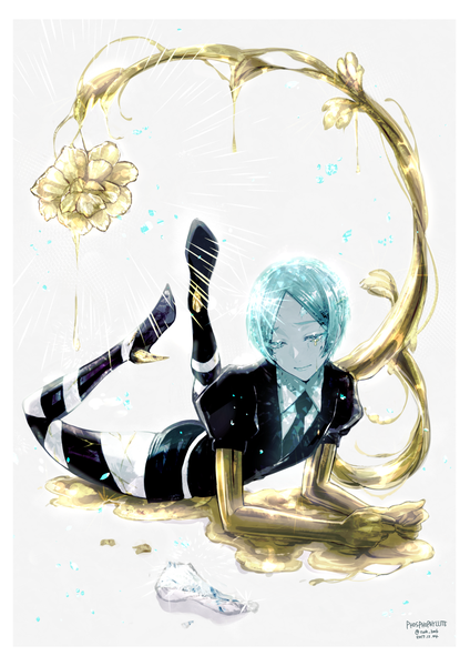 Anime picture 1000x1414 with houseki no kuni phosphophyllite morino bambi single tall image short hair signed full body aqua eyes aqua hair puffy sleeves character names twitter username tears border dated reclining legs up androgynous spoilers