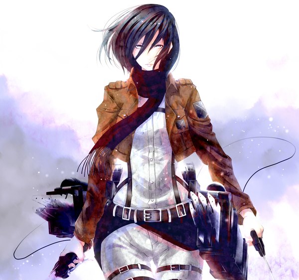Anime picture 1920x1800 with shingeki no kyojin production i.g mikasa ackerman poker-face-008 single highres short hair black hair holding brown eyes open clothes open jacket dual wielding girl weapon shirt sword belt scarf thigh strap