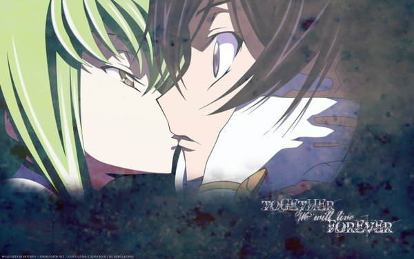 Anime picture 1440x900 with code geass sunrise (studio) c.c. lelouch lamperouge long hair short hair brown hair wide image purple eyes brown eyes green hair couple kiss girl boy