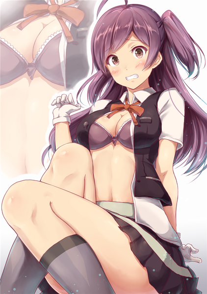 Anime picture 882x1254 with kantai collection hagikaze (kantai collection) ichikawa feesu single long hair tall image blush breasts light erotic sitting purple eyes purple hair open shirt one side up zoom layer clenched teeth girl gloves shirt socks