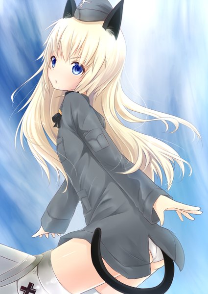 Anime picture 1075x1518 with strike witches helma lennartz mitsukii single long hair tall image blue eyes light erotic blonde hair animal ears animal tail pantyshot girl uniform military uniform