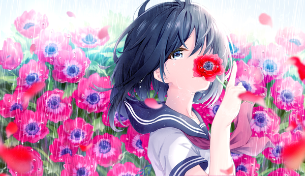 Anime picture 4500x2600 with original haru (re ilust) single looking at viewer blush fringe highres short hair blue eyes black hair hair between eyes wide image holding payot absurdres upper body hair flower wind blurry short sleeves