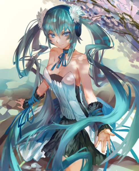 Anime picture 2480x3043 with 7th dragon vocaloid hatsune miku azomo single tall image highres smile twintails bare shoulders very long hair aqua eyes aqua hair girl dress headphones
