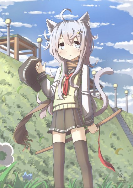 Anime picture 2480x3508 with kantai collection hibiki destroyer hinbackc single long hair tall image looking at viewer fringe highres blue eyes hair between eyes standing holding signed animal ears sky silver hair cloud (clouds) outdoors tail