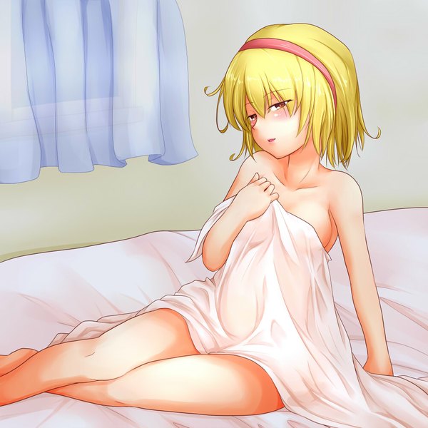 Anime picture 1000x1000 with touhou alice margatroid pirorun single blush short hair breasts open mouth light erotic blonde hair smile red eyes nude covering nude cover seductive smile girl window hairband bed