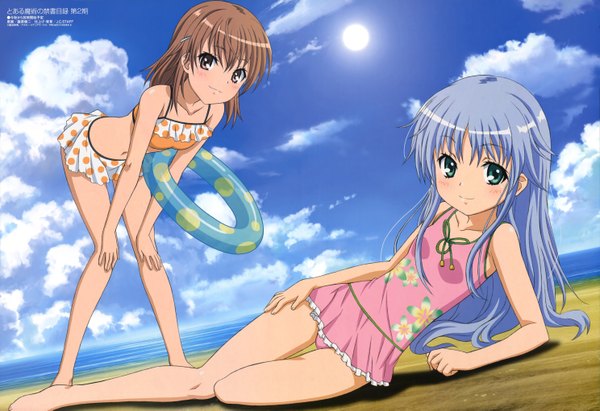 Anime picture 5948x4083 with to aru majutsu no index j.c. staff megami magazine misaka mikoto index shinohara kenji long hair highres brown hair multiple girls brown eyes green eyes blue hair absurdres cloud (clouds) official art leaning leaning forward beach girl
