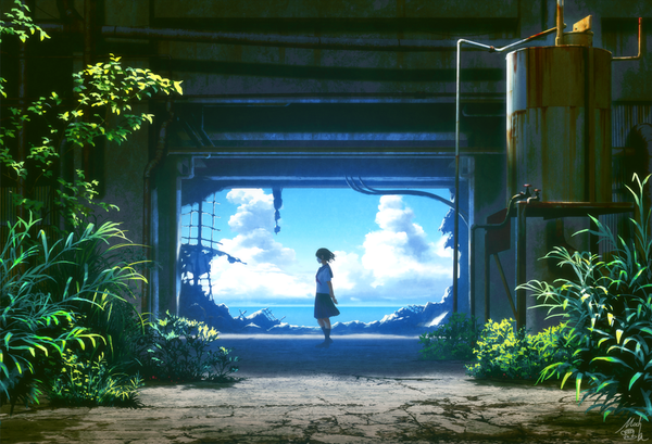Anime picture 1000x682 with original mocha (cotton) single short hair black hair red eyes signed sky cloud (clouds) pleated skirt wind sunlight shadow hands behind back horizon summer nature girl skirt uniform
