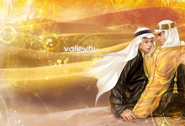Anime picture 1024x703 with valleyhu blonde hair profile multiple boys holding hands shounen ai desert boy 2 boys arabian clothes