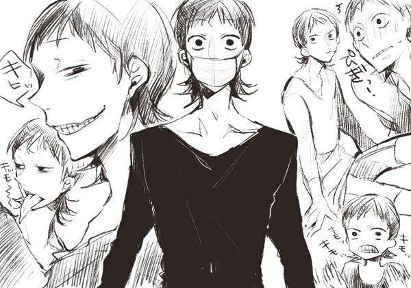 Anime picture 1000x700 with yowamushi pedal midousuji akira yomimatigai looking at viewer blush short hair smile sitting looking away grin monochrome clenched teeth multiple persona long tongue boy speech bubble surgical mask bike shorts