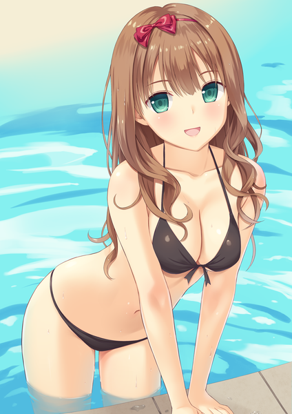 Anime picture 2894x4093 with original n.g. single long hair tall image looking at viewer blush fringe highres breasts open mouth light erotic smile hair between eyes brown hair large breasts standing cleavage :d aqua eyes